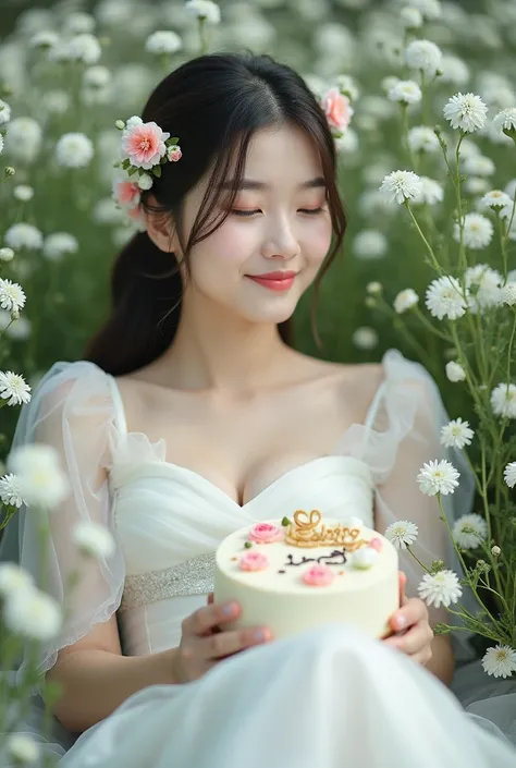 Photo of beautiful Korean girl sitting relaxed under a small white flower garden small smiling wearing a white dress brown suit wearing something in the head made of small little flowers while holding an anniversary cake.9