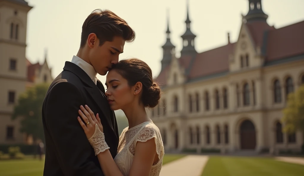 Austro-Hungarian boy hugging himself with his future wife outside the university