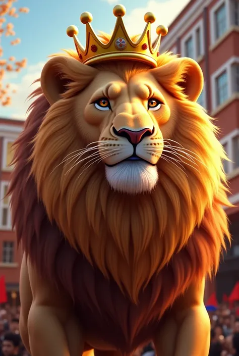  a friendly lion who has self-confidence and has a beautiful mane and a shiny crown, for a school political party 