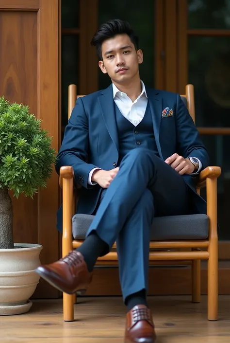  Real 4k photo of a young man dressed in a blue dress suit ,  coffee shoes,  sitting on a beautiful wooden armchair . , Next to it a flower pot with small tree 