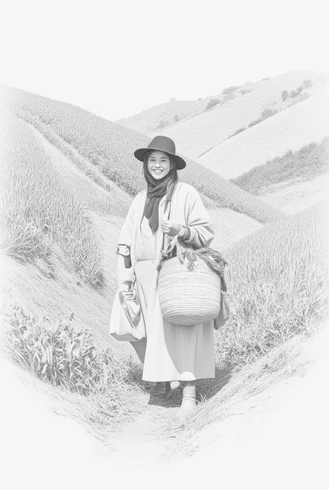 Pencil drawing of a beautiful Thai woman smiling sweetly, wearing a woolen hat, scarf, woolen sweater, long pants, boots, walking with a basket, carrying a backpack in a tea plantation on a hill.