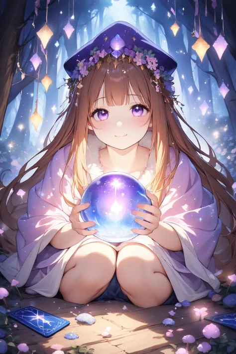 1 girl, (cute face), 18 years old, long hair, (wearing a mystical robe), (pointy hat), medium breasts, (gathering tarot cards), BREAK  
Enchanting forest, glowing mushrooms, (squatting:1.2), (magical aura), crystal ball, (petting a small cat:1.2), surround...