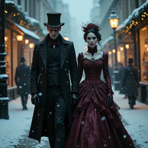 ((night)) (snow falling) BREAK ((1woman) bride of Frankenstein, (very pale eyes), angular face, deathly pale skin, dark hair tied back, tall) BREAK in burgundy Victorian dress and burgundy hat, BREAK, walking side-by-side with, BREAK (1man) satanic face ((...