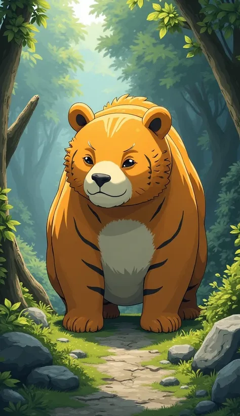 bear and tiger mix。 anime illustration style。 mostly lurks in mossy rocky areas or quiet caves in mountainous areas 。They are about 0 . 5 meters long 、 weighs about 3 kilograms 。The exterior looks like a round figure with a golden coat