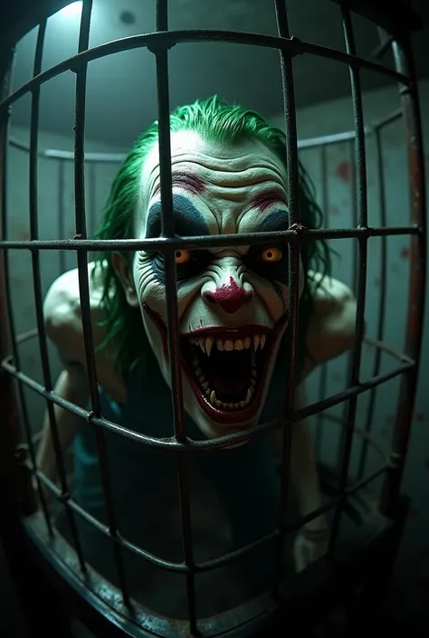  Panoramic Joker zombie locked in a tight cage in a poorly lit room,Expression is being aggressive  