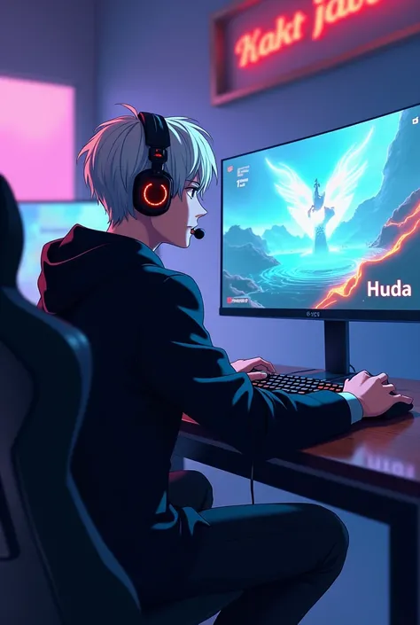 (photorealism:24.10) Create an illustration of a gaming room With a white haired man in a black suit playing a game Make it like anime and the person is young and the camera is from behind And make him live stream Put him on a headset and wear a black hood...