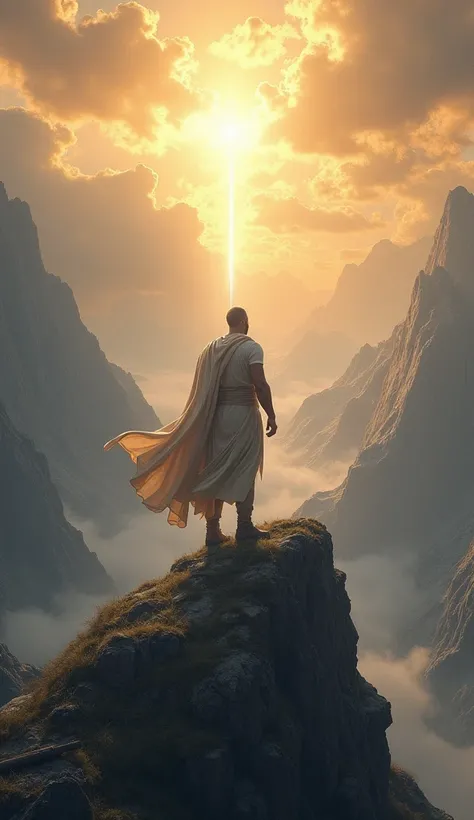 Generate the following image. A man standing on top of a mountain, with a look of determination on his face. The sky behind him is brilliant with rays of golden light that seem to emanate from the sky itself, symbolizing divine strength and courage. The su...