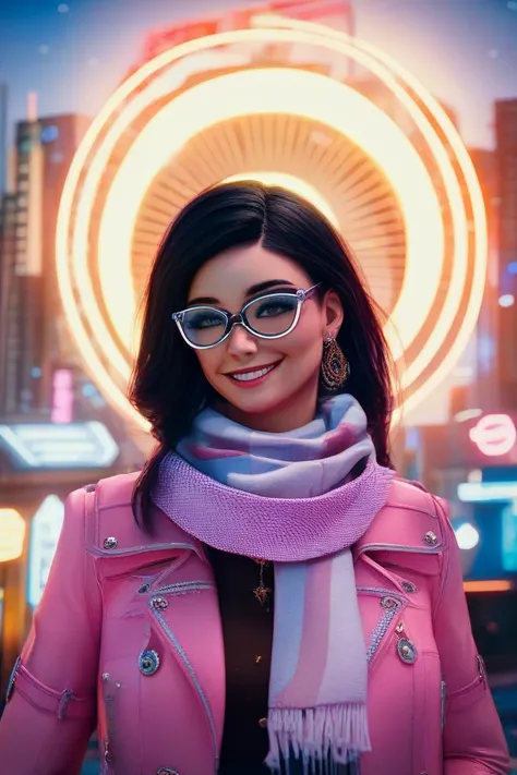 ((1girl, long black hair, blunt haircut, confident smile, neon sun glasses, portrait)), ((small, slender build, short height, 1.50 meters in her 25years)), (())((elegant bearing)), ((beauty face)), ((wear pink jacket, scarf, mitene)), ((night neon city)), ...