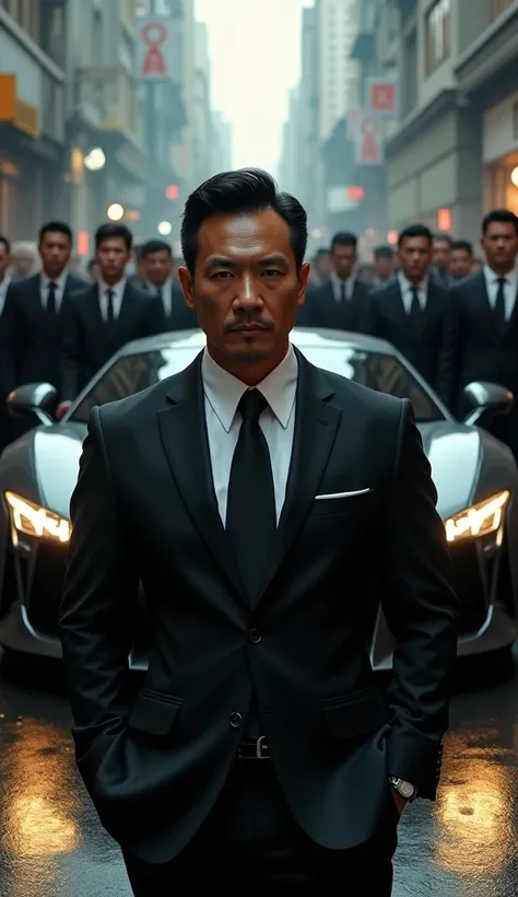 group of asian mafia following mafia boss with super car on the background