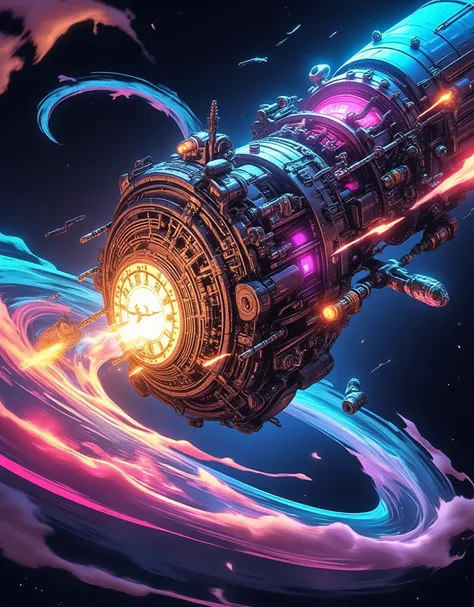  Sci-fi ,  realistic . Create an image of a multi-morphed weapon known as ,   like a clock while destroying and penetrating many huge, thin layers. A punk train that dynamically flies in a very spiral through outer space  ,  the shining shadows of steampun...