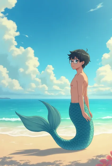 Create wallpaper hp potrait beach image in anime style with one young man in the shape of a mermaid with a slightly chubby body shape and using clear glasses 