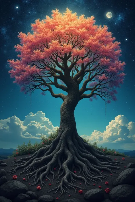 < A majestic tree with deep roots that extend to a dark and mysterious ground that symbolizes death,  while its branches extend into a bright and star-filled sky , which represents immortality .  The base has wilted flowers and the upper part blooms with v...