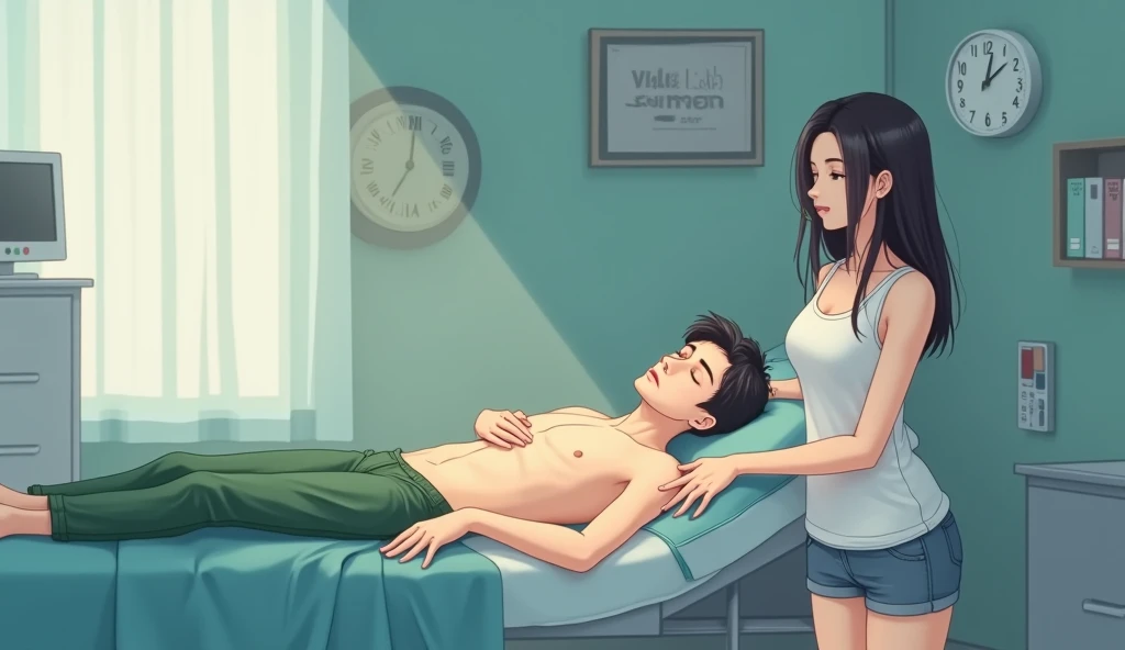 The image shows a young man lying on a hospital bed with his eyes closed. He is shirtless and wearing green pants. A young woman is standing next to the bed, wearing a white tank top and shorts. She is touching the mans chest with her hand. The background ...