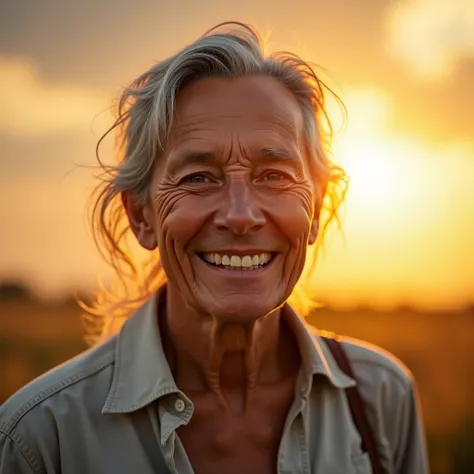  make a portrait of someone who symbolizes hope and resilience ,  against the background of a soft golden sunset .  The subject is a middle-aged individual with a warm and cheerful smile , wearing simple but neat clothes .  Eyes show determination and a st...