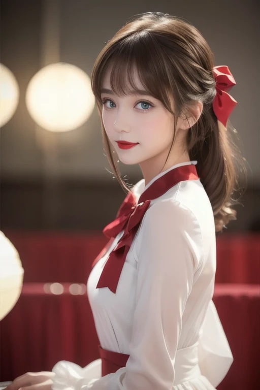 ( very delicate and beautiful: 1.2),  1 girl , bangs,  blue eyes, Blur, Blur background, bow,  brown hair, shut up, Side View,   look with hair inside , hair bow,  lantern, Particles of light,  Long Sleeve ,  watching the audience,  medium hair up to butto...