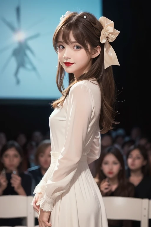 ( very delicate and beautiful: 1.2),  1 girl , bangs,  blue eyes, Blur, Blur background, bow,  brown hair, shut up, Side View,   look with hair inside , hair bow,  lantern, Particles of light,  Long Sleeve ,  watching the audience,  medium hair up to butto...