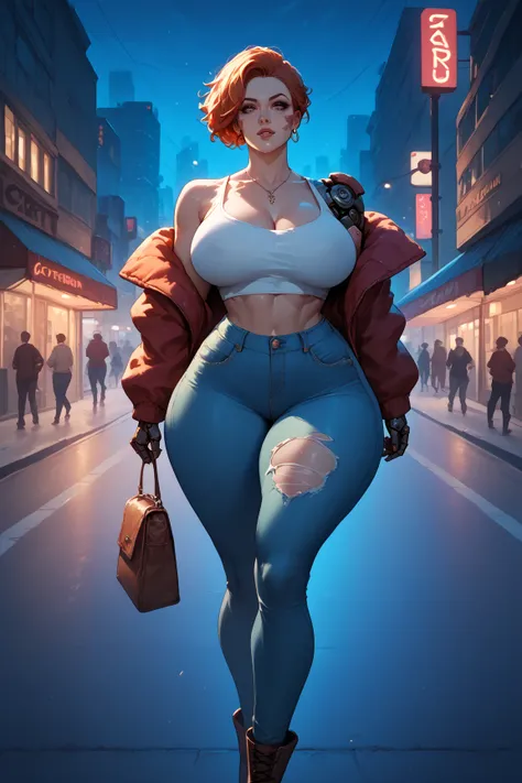 A zombie cyborg woman with perfect curvy body with ripped clothing, feral expression, city streets, night