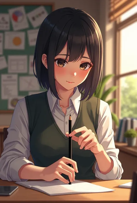 Teacher of  ren folding a black pencil