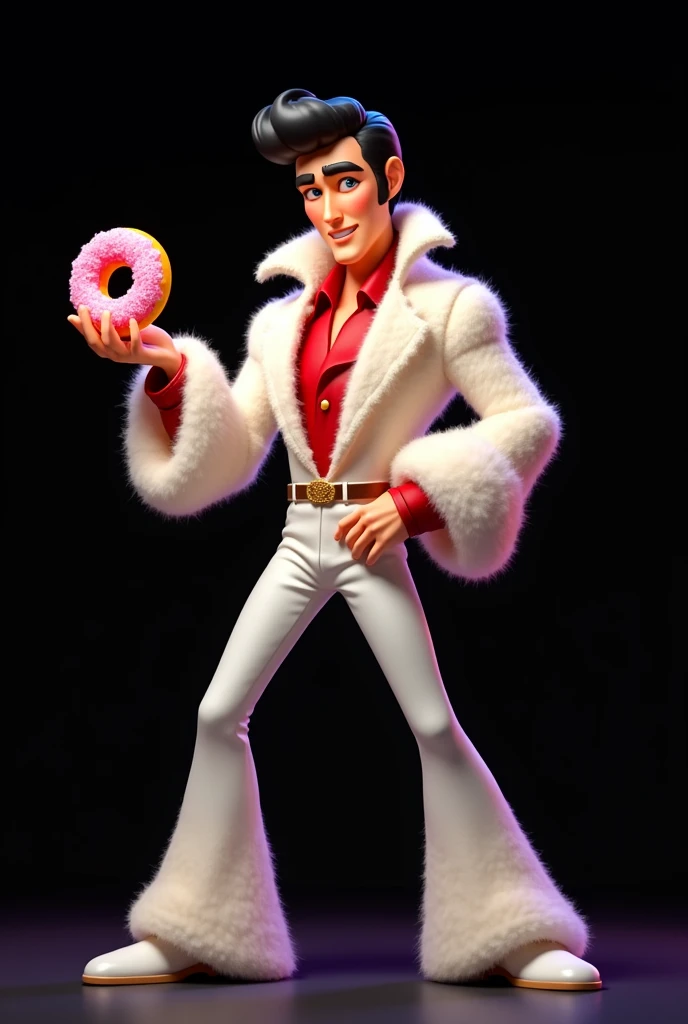 Elvis Presley animated with white yarn jacket hanging over his arms eating a donut posing for the cover of a logo with a black background