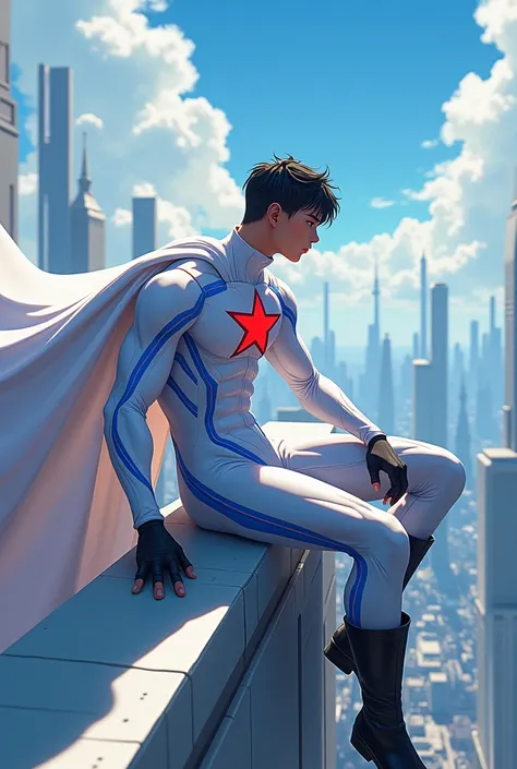 anime male teen, 25 years old wearing a tight white bodysuit, with blue line accents, a red star on his chest, black gloves, black boots, and a white cape sitting at the edge of a rooftop