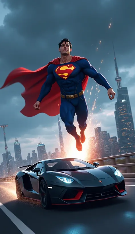 An anime-style scene showing Superman (anime character) flying out of his black sports car at high speed. The car is still moving fast on the highway, with blurred motion lines emphasizing speed. Superman bursts into the air, his body glowing faintly with ...