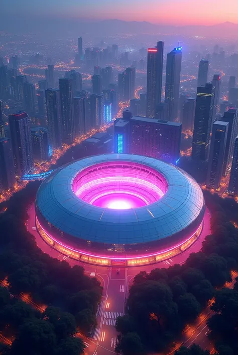 Hyperrealistic image of a huge round-shaped futuristic concert hall amidst pink-blue neon Korean skyscrapers at night. Top view.