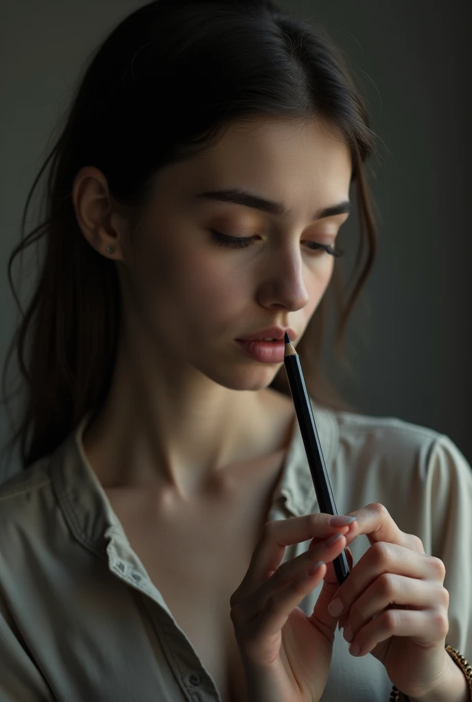 Woman folding a black pencil