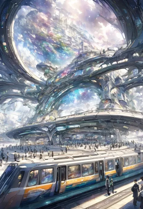  Details、 high image quality、  High Quality  、  Scenery of a bustling station in the near future 、SF wind、Near Future Station  、 Between reality and unreality  、  Impossible World 、  Beautiful Artwork  、  Depiction of a bustling station  