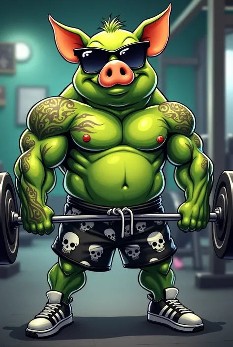  Sexy muscular green pig with dark glasses,  wearing shorts with printed skull , Of sneakers from Adidas , Skull tattoos and weight training at the gym, generate cartoon image  