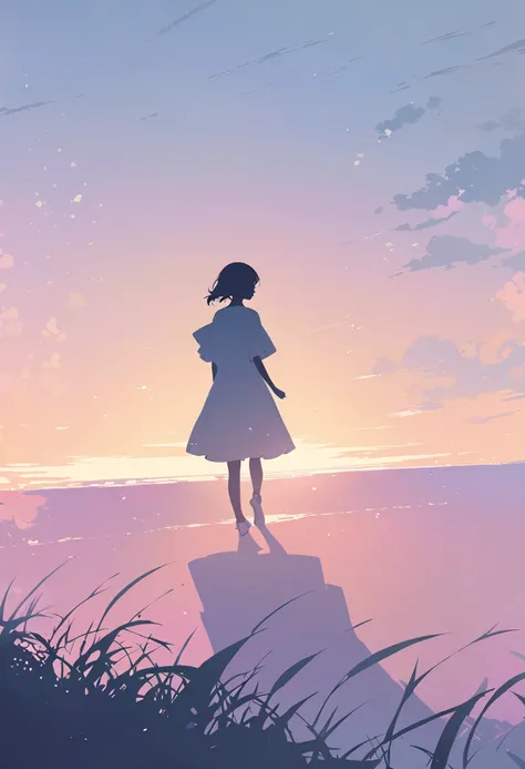 silhouette, the shadow of a woman standing looking at the sunset, there is a silhouette of a small running in the distance, digital art, illustration, HD, Illustration, soft color, pastel color