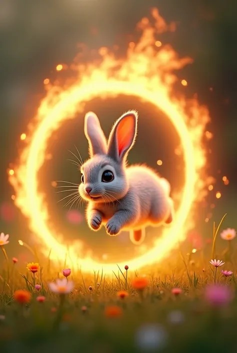 Cute rabbit jumping through a fire ring