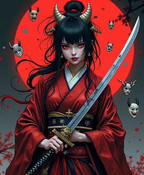 gothic anime-style illustration of a mysterious woman wearing an ornate red and black kimono holding a shiny japanese katana sword, with a Japanese oni mask on her face, surrounded by floating traditional Japanese masks, in the style of Yoshitaka Amano, 32...