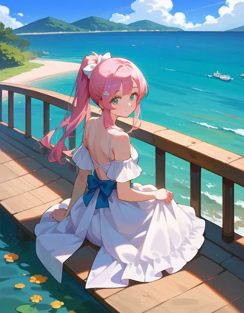   anime girl sitting on a pier with a rainbow in the background,  beautiful anime girls ,   Soft animation CG art  ,  pink ponytail and cyan eyes  ,  Cute Anime Girl ,  sexy anime girls ,   photo realistic anime girl rendering,  guweiz ,  A cute anime wife...