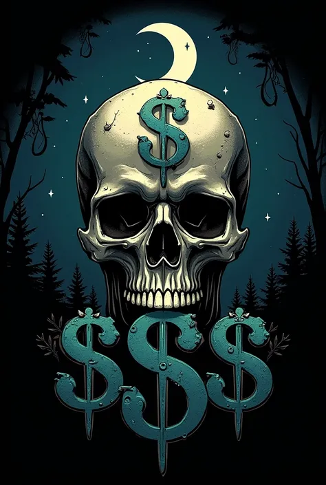 Create a logo of a skull  and the logo of dollars$ is everywhere and in the middle of the skull there wrote "SS" "media" background there was a moon