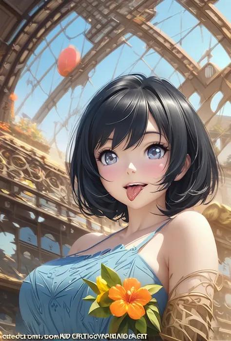   1 girl , poses for the camera、 busty anime girl in a clear blue dress, black hair with short hair and bob hair , Gray eyes with heart eyes ,Red and smiling ， sticking out her tongue and drooling and breathing rough , anime picture by Kentaro Miura ,  pix...