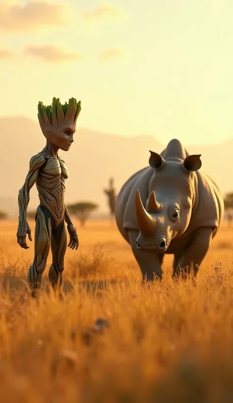 Real groot from marvel movie watching giant rhino near him in golden fields of africa.