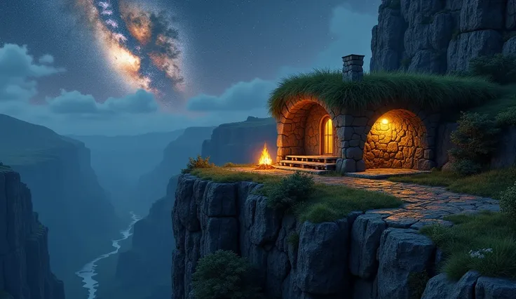  A beautiful primitive rock cabin ,  on the edge of the cliffs , panoramic view,  a cozy fire outside , small house, yellow lights, grass roof ,  beautiful cliff landscape ,  night with the Milky Way in the background contrasting well with the starlight 