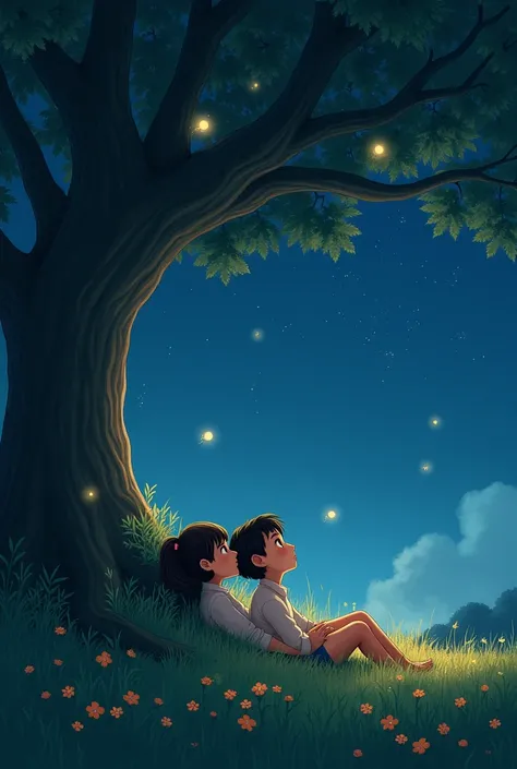 A boy and a girl sitting on their backs under a tree on a starry night 