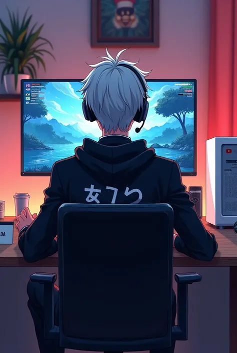 (photorealism:1.1) Create an illustration of a gaming room With a white haired man in a black suit playing a game Make it like anime and the person is young and the camera is from behind And make him live stream Put him on a headset and wear a black hoodie...