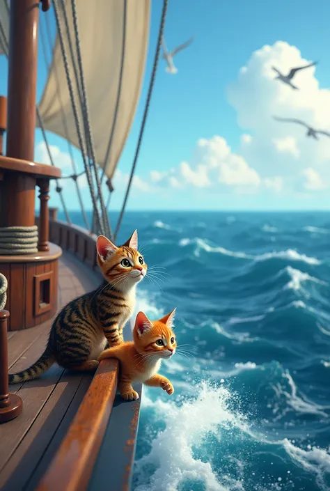 A cat and his mom going on a trip on a ship. A cat down in to the sea