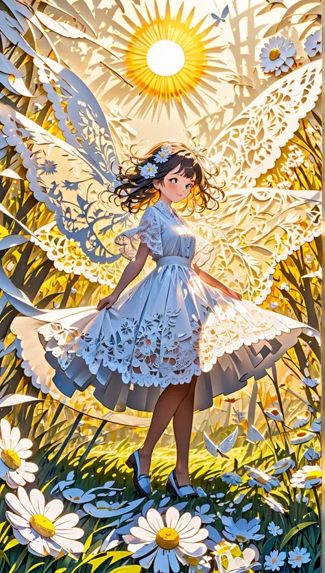 A fusion of oil and watercolor, A fusion of paper cutting and shadow art,  top quality, Super fine, 16k,   Americans Are Incredibly Dumb,  very detailed,  delicate and dynamic, Clear grassland, Dazzling sunlight, large piece of frilly white lace hanging ou...