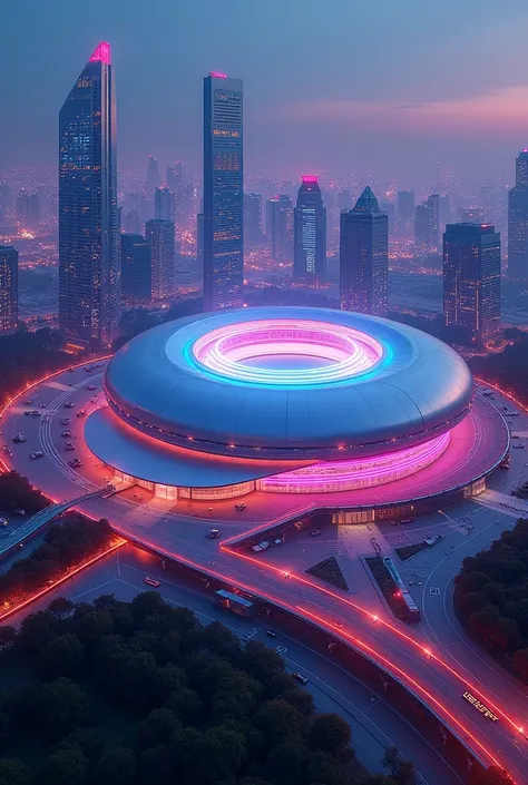 Hyperrealistic image of a huge round-shaped futuristic concert hall amidst pink-blue neon Korean skyscrapers at night. Top view.