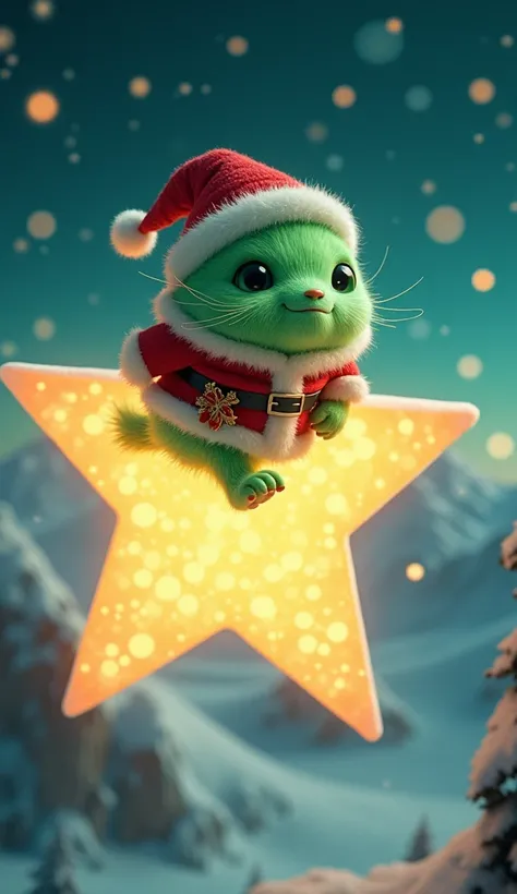 A fluffy green monster wearing a Santa Claus costume, flying through a snowy night sky on a glowing, giant star, (best quality,4k,8k,highres,masterpiece:1.2),ultra-detailed,(realistic,photorealistic,photo-realistic:1.37),hyper-realistic,golden ratio,comple...