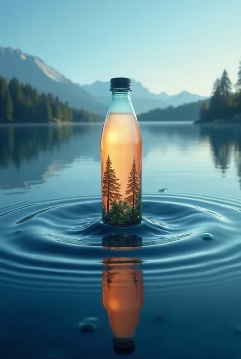 A single droplet falling into a calm lake, creating ripples that spread outward. Inside the ripple, small vignettes appear: a lush forest, a thriving ocean, and a cityscape with clean air. The bottle is at the center, glowing with cool blue and warm orange...