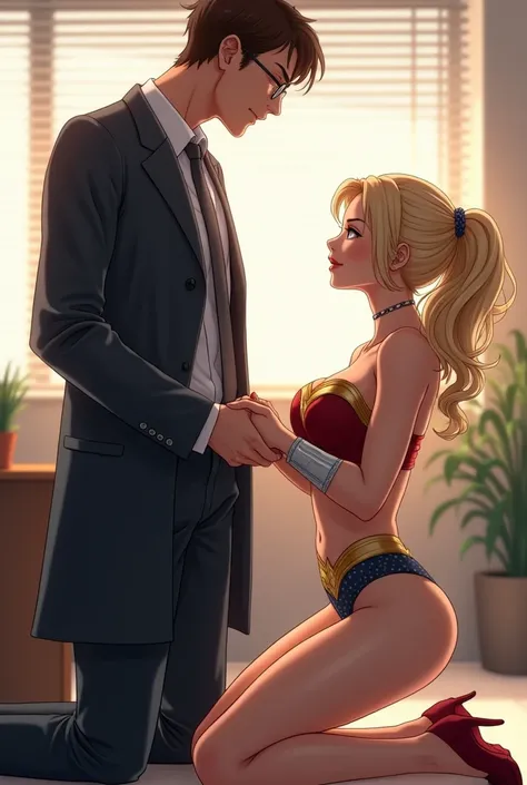 Secretary with curly blonde ponytail,  Wonder Woman lingerie , glasses,  slim and tight body ,  big breasts, in love, Serving you,  knees on the floor ,  begging before her boyfriend , tall doctor , delgado,  brown hair , stopped, office, anime