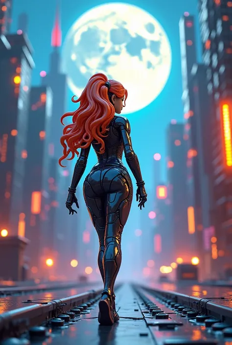  A cyborg girl walks beautifully through a futuristic city made of LEGO. She has colorful long hair , Breast size 3,  in the sky, a huge moon filled with cities .