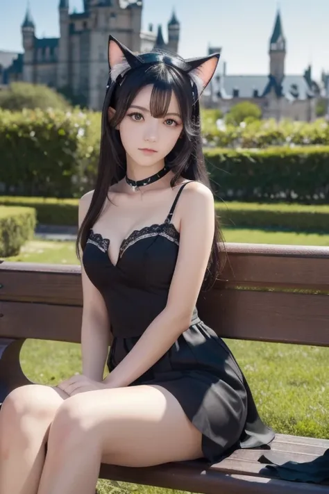   Masterpiece  ,  top quality,  high definition ,  cat ears,  black hair , Castle Background,  green eyes,  is sitting on a bench