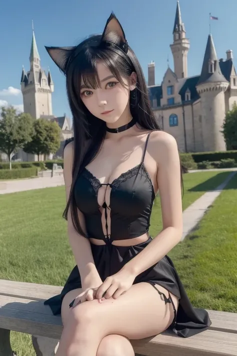   Masterpiece  ,  top quality,  high definition ,  cat ears,  black hair , Castle Background,  green eyes,  is sitting on a bench