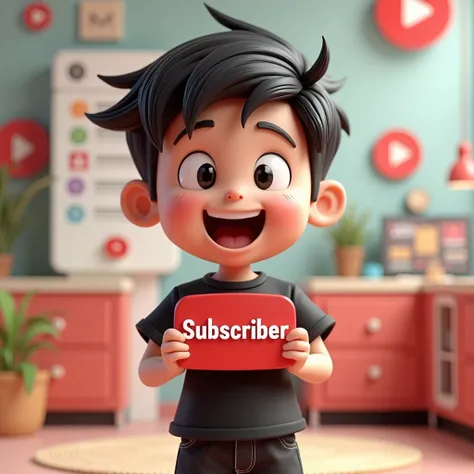 3d cartoon style image " a young boy black tshirt and black pant holding a "subscriber" button background youtube long 