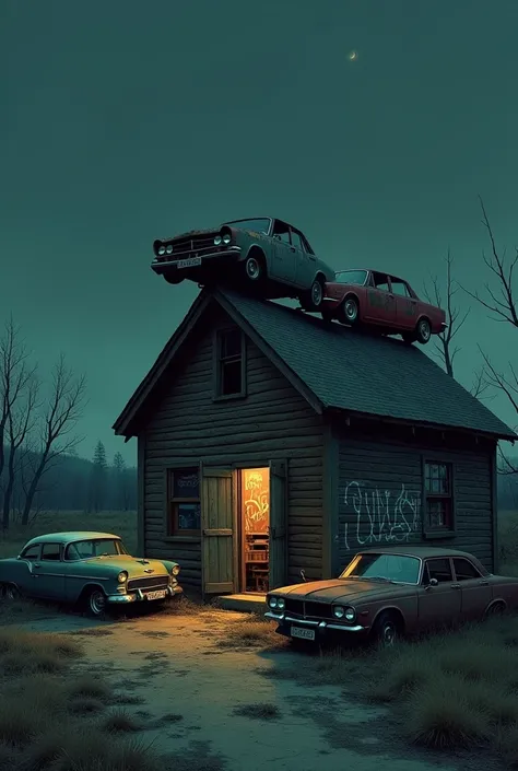 An abandoned cabin that at night has some old cars next to it and that there are some old cars on the top of the cabin that has rap written with graffiti 
